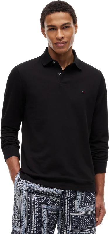 Tommy Hilfiger Men’s Regular Fit Long Sleeve Polo Shirt with Button Placket, Black (Black), XL - Image 1