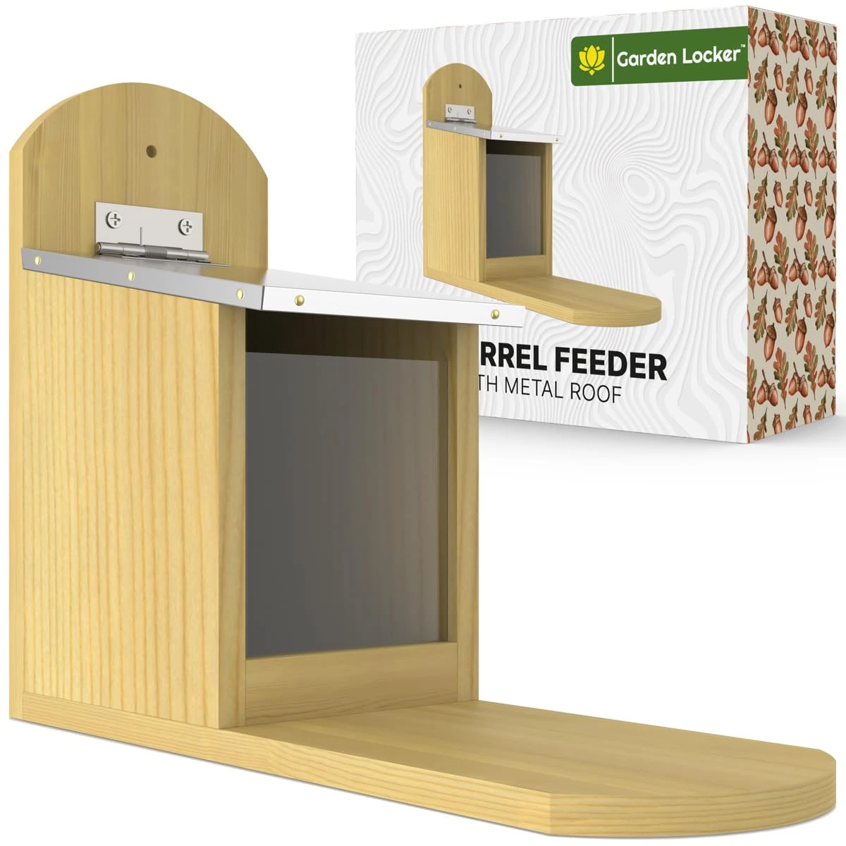 Squirrel Feeder with Metal Roof - Natural Wood with Extra Long Feeding Platform - Great Outdoor Wildlife Feeding Station Encouraging Squirrels to your Garden - Great for Him