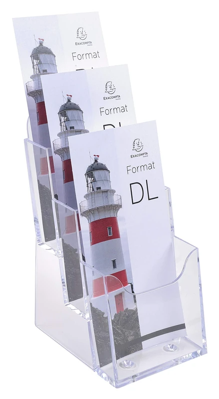Exacompta - Ref. 73158D - Set of 4 flyer dispensers on table - 3 compartments - Monobloc - Dimensions: Prof.11.2 x width.11.5 x Height.21.8 cm - Format to file DL-10x21 cm - Crystal