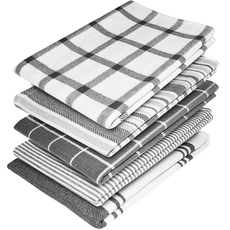 Elfranso Cotton Kitchen Tea Towels - Pack of 5, Absorbent, 70 x 50 cm (Grey)