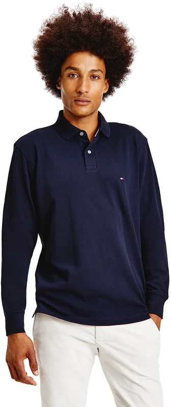 Tommy Hilfiger Men’s Regular Fit Long Sleeve Polo Shirt with Button Placket, Blue (Desert Sky), M