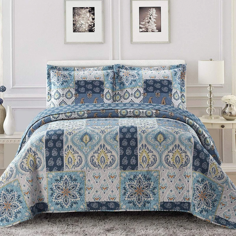Royal Hotel Bedding Bellflower Oversized Coverlet Set, Luxury Printed Design Quilt Cover, Bedspread Set - Filled Quilts - Fits Pillow top Mattresses - 3PC Set - King/California King Size