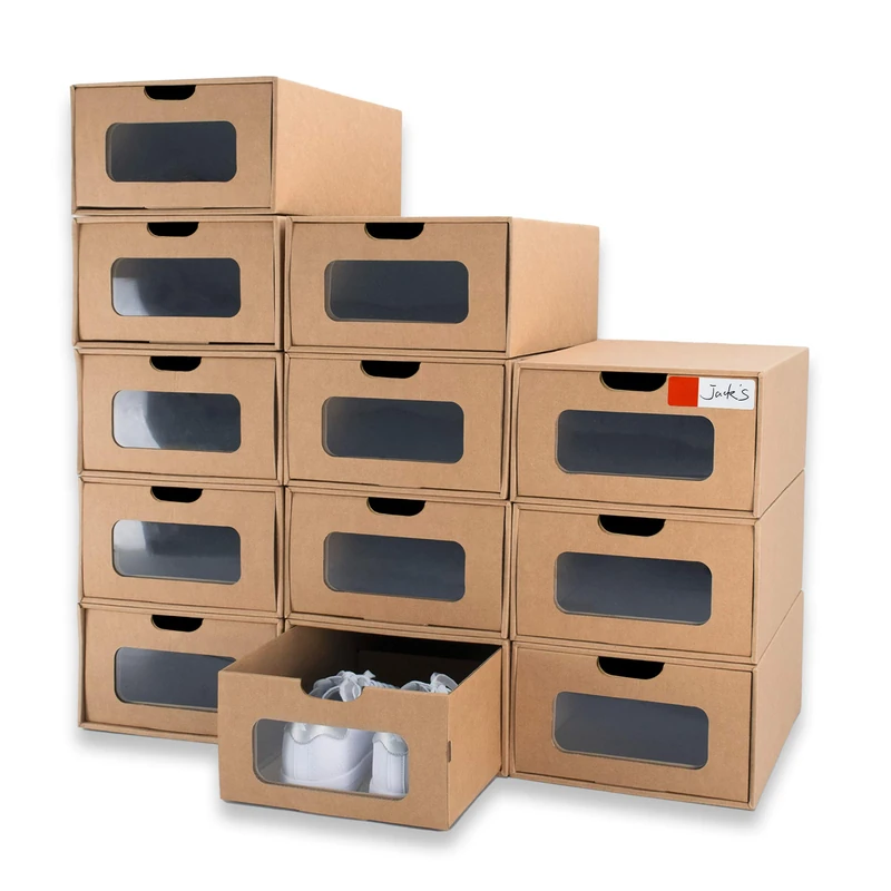 WALL QMER Shoe Box 12 Pack,13.2 x 8.3 x 5.1in Waterproof Storage Boxes, Socks, Stationery, Toys, Underwear,Heavy Duty,Stack-able Cardboard Boxes,with Marking Labels,Transparent Window - Image 1