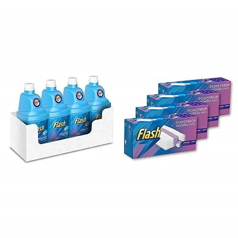 Cleaning Bundle: Flash Powermop Cleaning Solution Refill Liquid, Floor Cleaner, Fresh, 5 Litres (1.25 L x 4) + Absorbing Refill Pads, 64 Count (16 x 4)