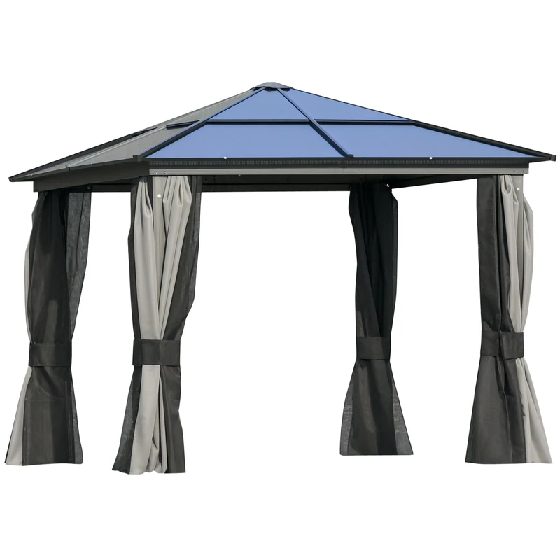 Outsunny 3 x 3(m) Hardtop Gazebo with UV Resistant Polycarbonate Roof & Aluminium Frame, Garden Pavilion with Mosquito Netting and Curtains Black