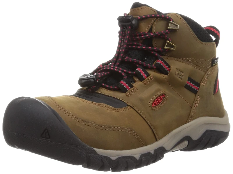 KEEN Little Kid's Ridge Flex Mid Waterproof Hiking Boot, Bison/Red Carpet, 7 UK