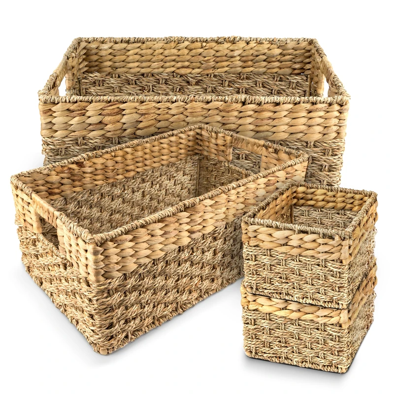 Rustic Home Resources Wicker Storage Basket Set of 4, 1x Large, Hyacinth and Seagrass, Rectangular and Square with Handles
