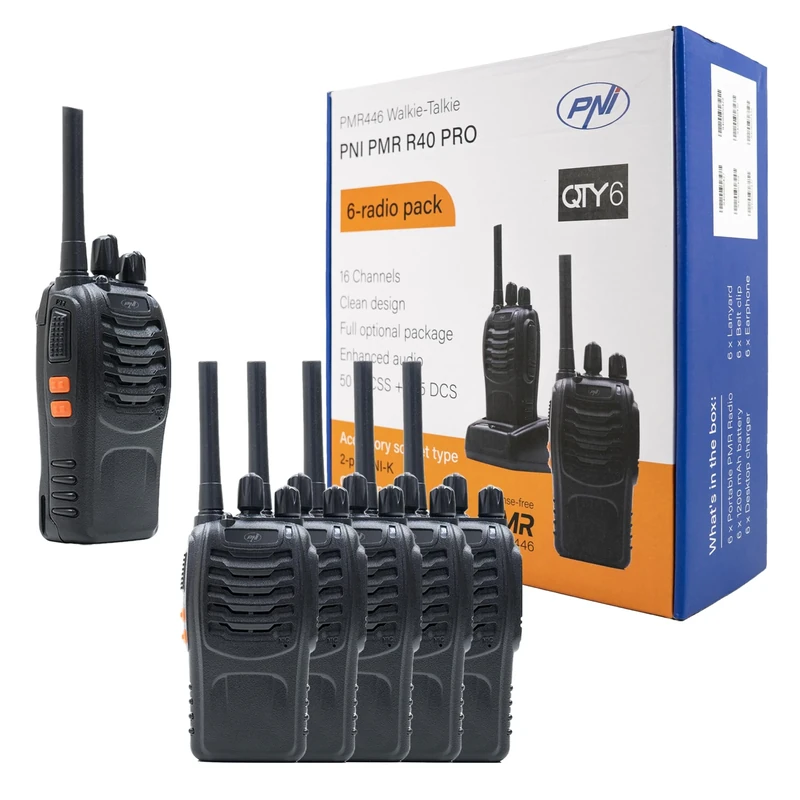 Pack of 6 pieces Portable radio PNI PMR R40 PRO batteries, chargers and headphones included