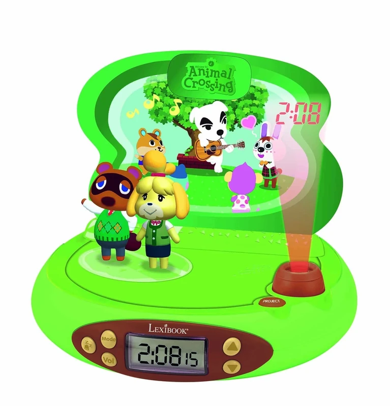 LEXIBOOK, Animal Crossing, Projector Alarm Clock for kids, Nightlight and time projection to the ceiling, Sound Effects, Battery-powered, Green, RP500AC