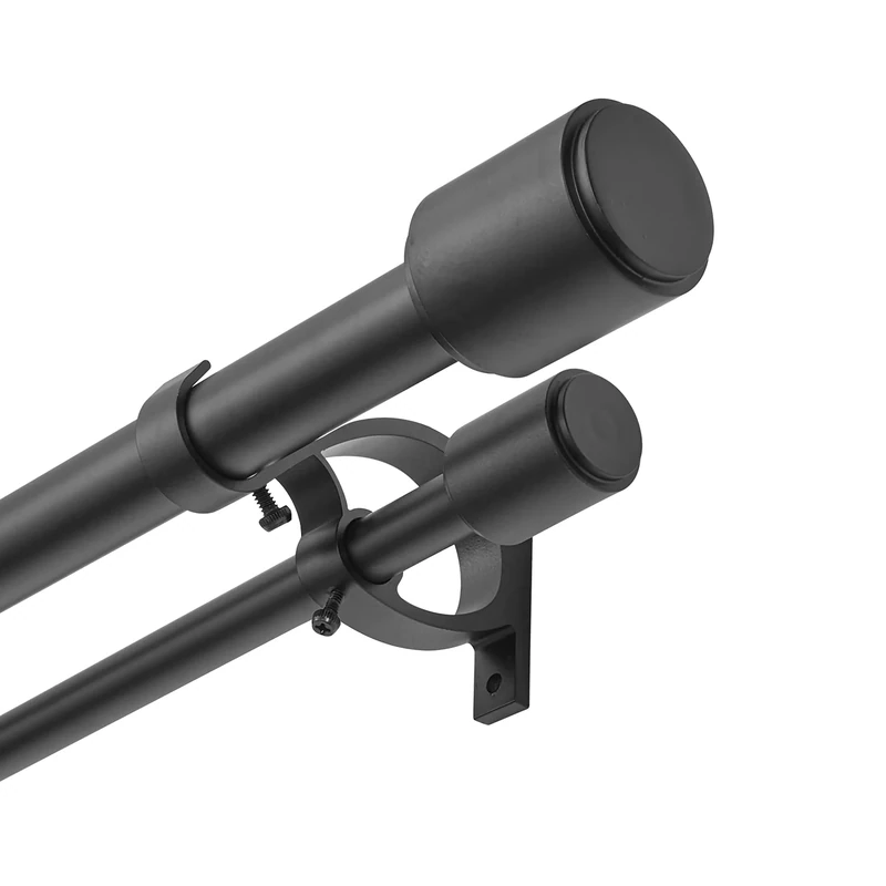 Kemmie 1" Window Treatment Curtain Rod with Cylindrical Cap Finials, Double Drapery Rod Adjustable Length 36-72", Matted Black