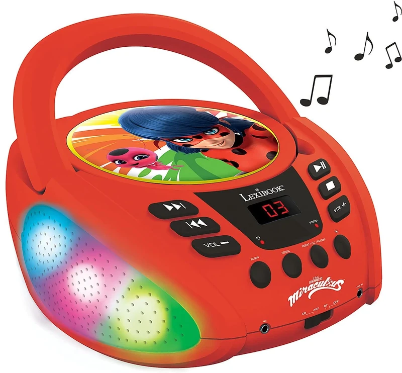 Lexibook, Miraculous Ladybug Cat Noir, Bluetooth CD player for kids, Portable, Multicoloured light effects, Microphone jack, Aux-in jack, AC or battery-operated, Girls, Boys, Red, RCD109MI