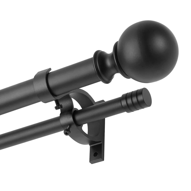 Kemmie 1" Classic Window Curtain Rod with Round & Barrel Finials Simple Double Telescoping Drapery Rod, 36-72", Matted Black