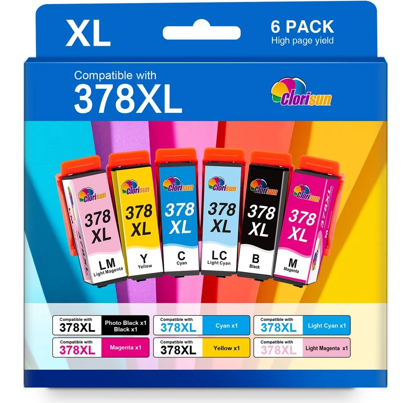 Clorisun 378XL Ink Cartridges 6-Pack- High Yield Compatible with Epson Expression Photo XP-8700 XP-8500 XP-8600 XP-8605 XP8500 XP8600 Printers(Black/Cyan/Magenta/Yellow/Light Cyan/Light Magenta)