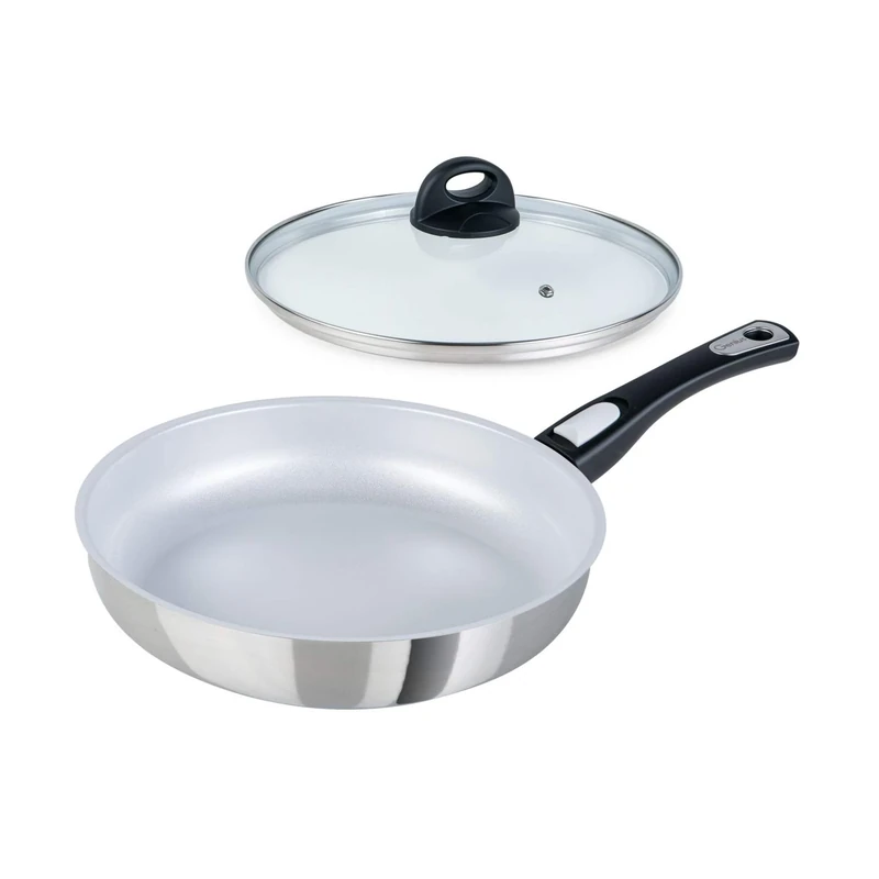 Genius 28 cm Cerafit Steel Frying Pan + Glass Lid - Oven-Safe Ceramic Non-Stick Pan with Removable Handle for All Cookers