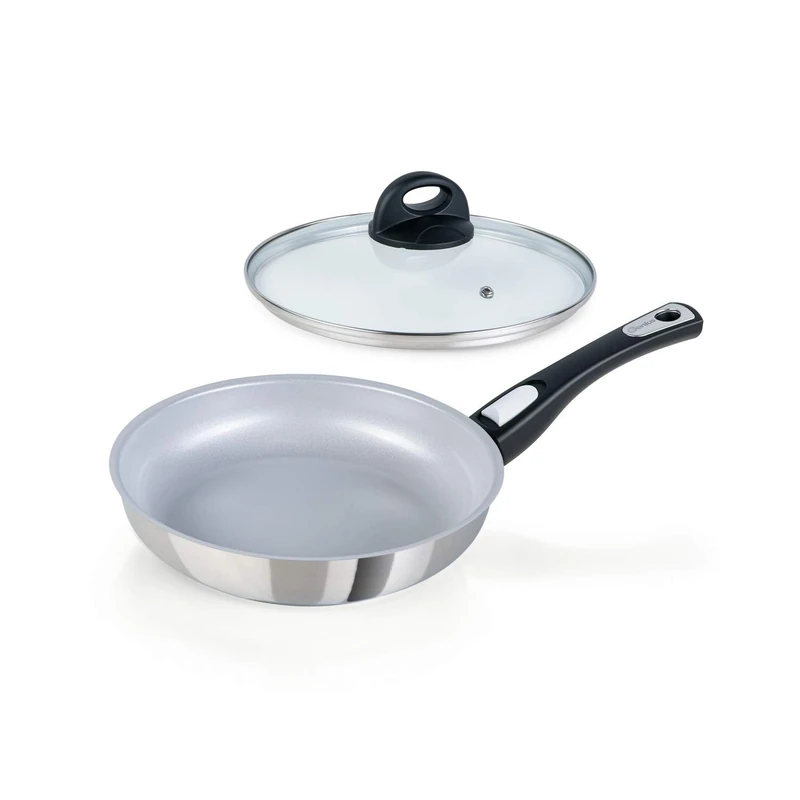 Genius 24 cm Steel Frying Pan + Glass Lid - Oven-Safe Ceramic Non-Stick Pan with Scratch-Resistant Coating | Induction Compatible with Removable Handle