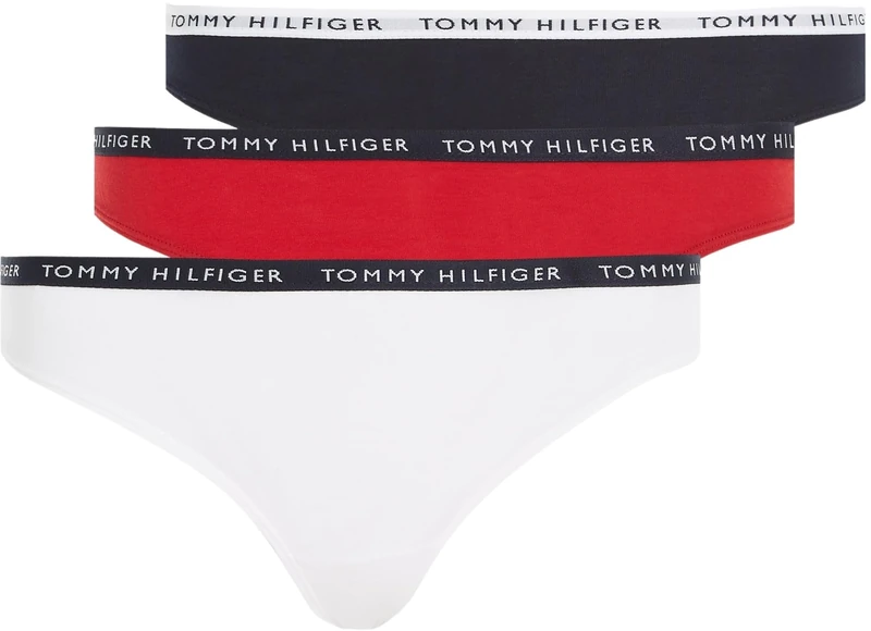 Tommy Hilfiger Women's 3 Pack Thongs, Multicolor (White/Desert Sky/Primary Red), XS