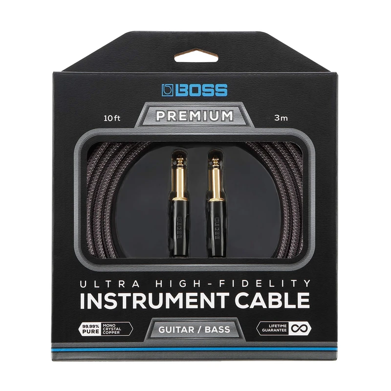 BOSS BIC-P10 Ultra High-Fidelity Instrument Cable – 10ft / 3m – Straight to Straight 1/4" 24K Gold Connectors – For Guitar and Bass giving Superior Tone, Noise Reduction and Lasting Durability