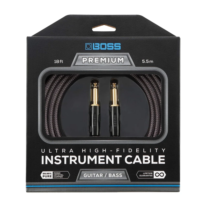 BOSS BIC-P18 Ultra High-Fidelity Instrument Cable – 18ft / 5.5m – Straight to Straight 1/4" 24K Gold Connectors – For Guitar and Bass giving Superior Tone, Noise Reduction and Lasting Durability