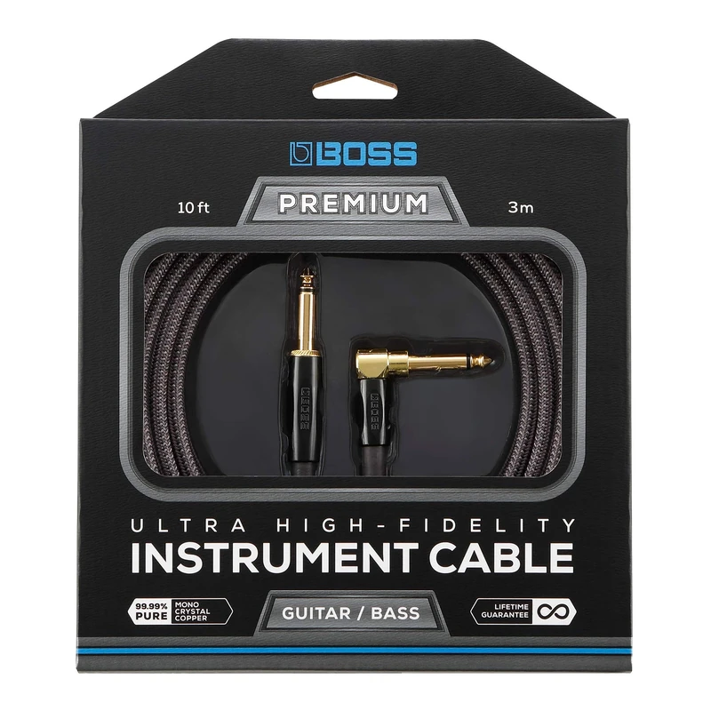 BOSS BIC-P10A Ultra High-Fidelity Instrument Cable – 10ft / 3m – Straight to Right-Angled 1/4" 24K Gold Connectors – For Guitar and Bass giving Superior Tone, Noise Reduction and Lasting Durability