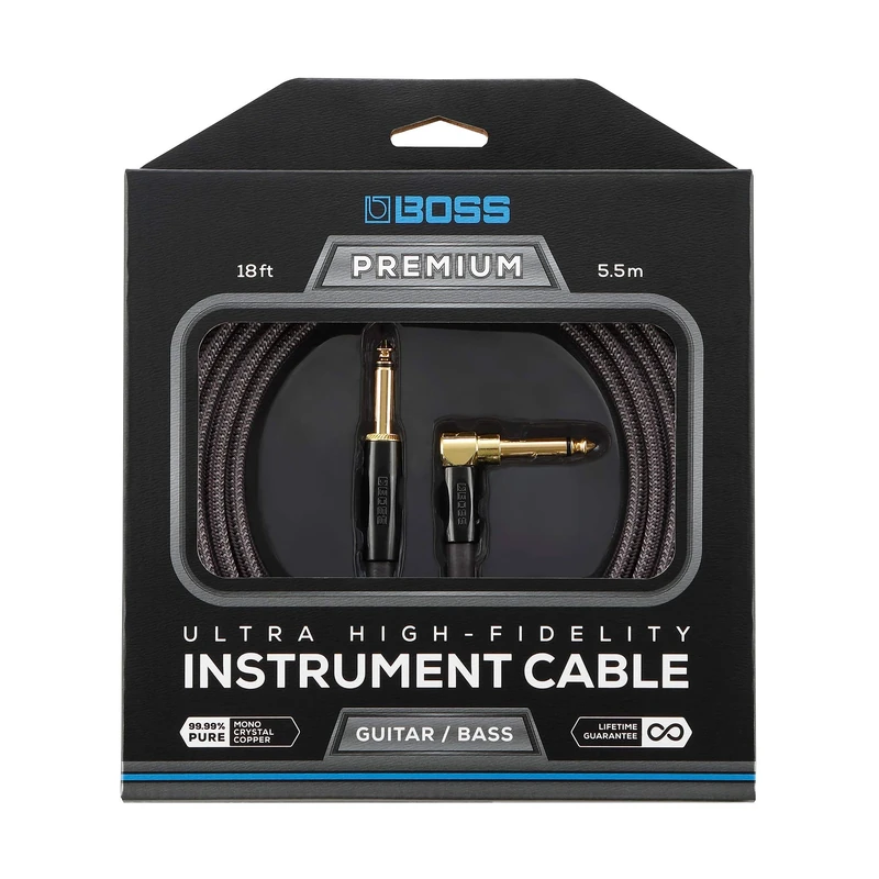 BOSS BIC-P18A Ultra High-Fidelity Instrument Cable – 18ft / 5.5m – Straight to Right-Angled 1/4" 24K Gold Connectors – For Guitar and Bass giving Superior Tone, Noise Reduction and Lasting Durability