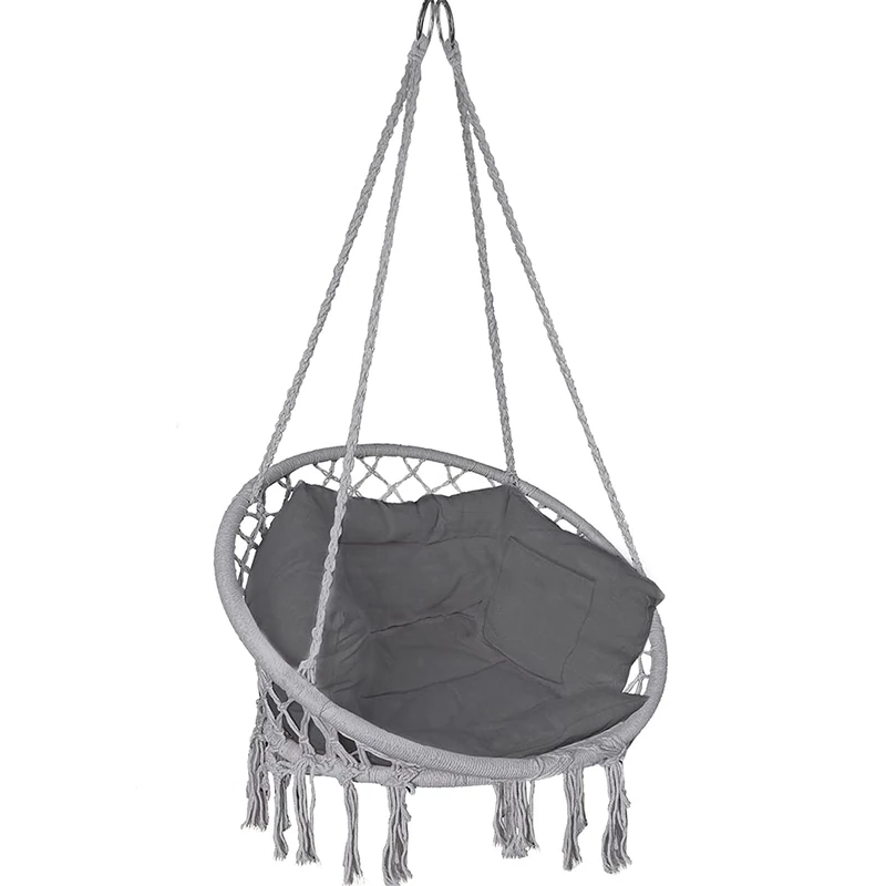 VOUNOT® Hanging Chair with Cushion, Macrame Hammock Swing Chair for Bedroom, Balcony, Patio, Garden, Indoor or Outdoor, 265LBS Capacity, Grey