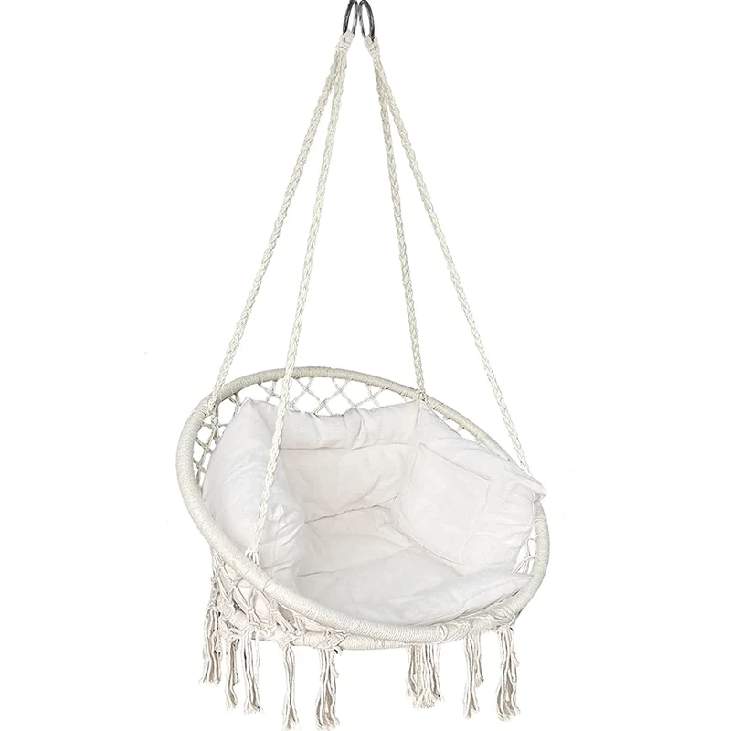 VOUNOT® Hanging Chair with Cushion, Macrame Hammock Swing Chair for Bedroom, Balcony, Patio, Garden, Indoor or Outdoor, 265LBS Capacity, Beige