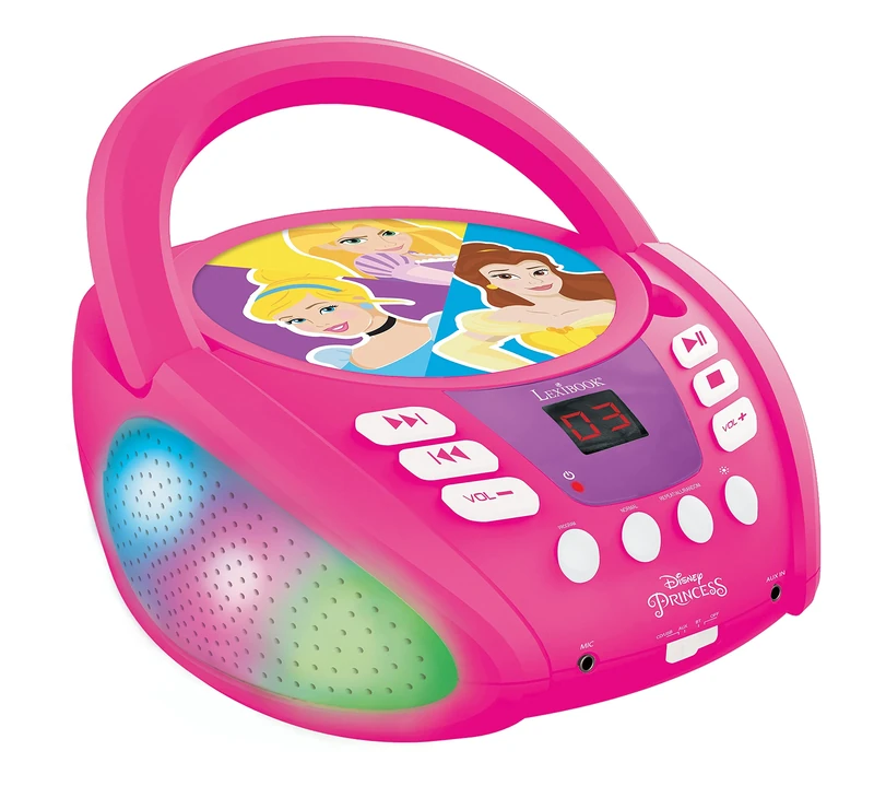 Lexibook, Disney Princess, Bluetooth CD player for kids, Portable, Multicoloured light effects, Microphone jack, Aux-in jack, AC or battery-operated, Pink, RCD109DP