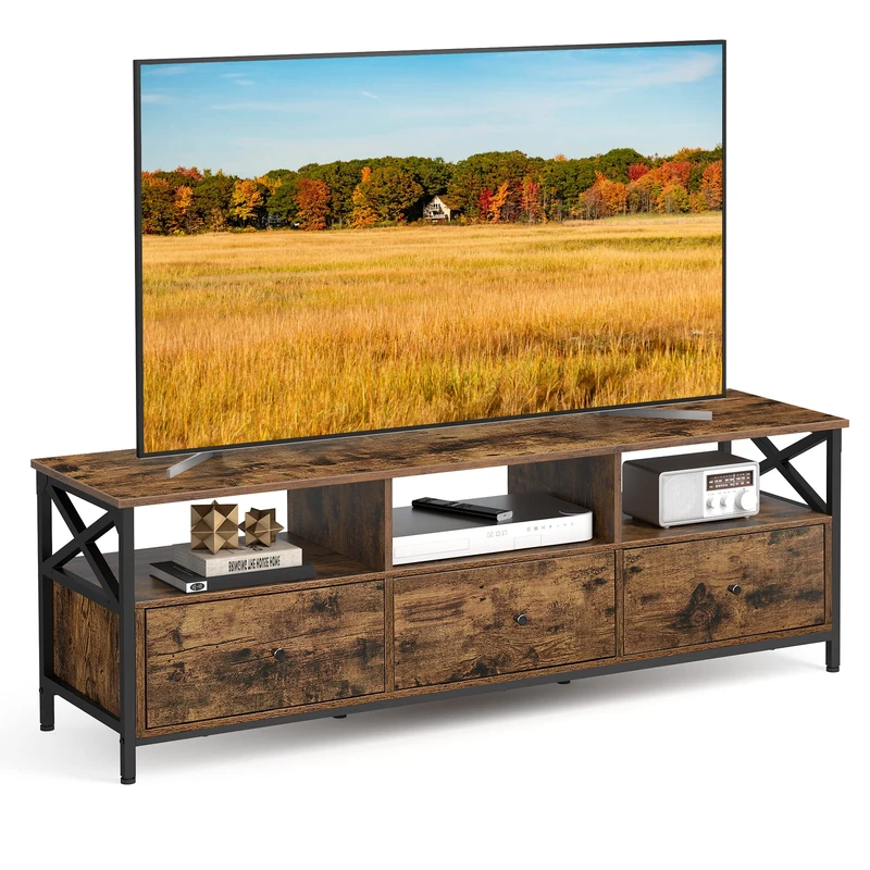 VASAGLE TV Stand, TV Cabinet for up to 65 Inch TV, TV Table with 3 Drawers and 3 Open Shelves, 40 x 147 x 50 cm, for Living Room, Bedroom, Steel Frame, Rustic Brown and Black LTV301B01
