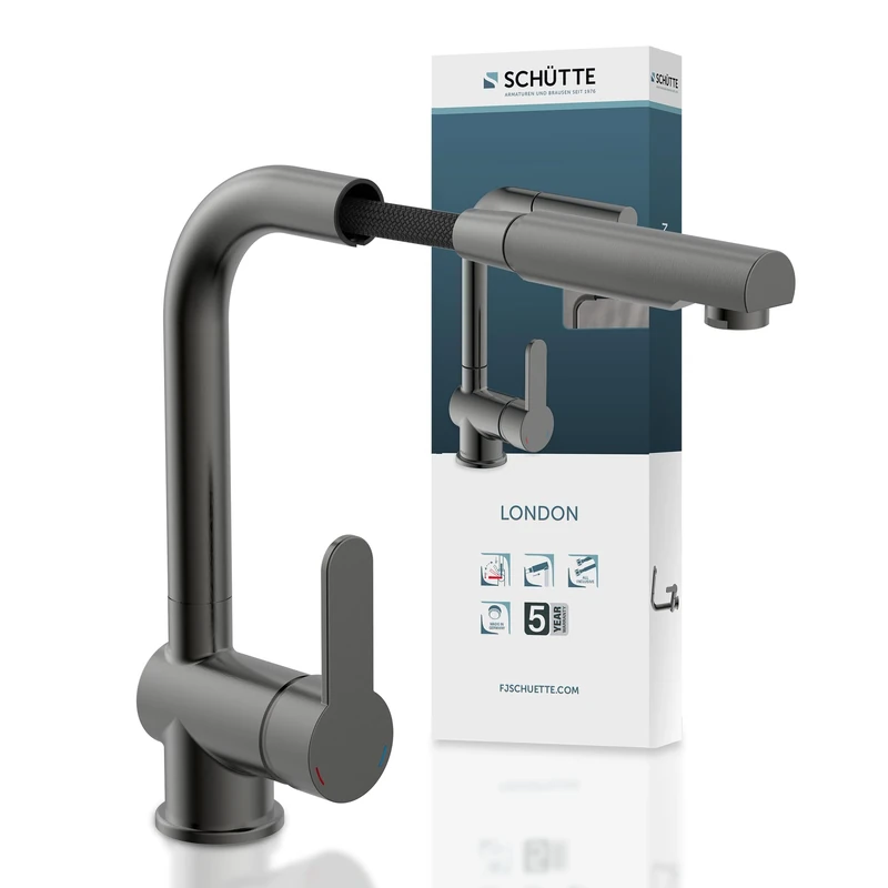 SCHÜTTE 79720 London Kitchen Sink Mixer Tap with Extendible Shower Mixer Tap with Energy-Saving Matt Graphite