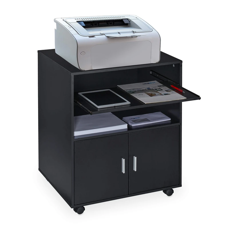 Relaxdays Office Cabinet, Storage, 2 Shelves, Cupboard, Keyboard Tray, Printer Table, Wheels, HxWxD: 74x60x48 cm, Black
