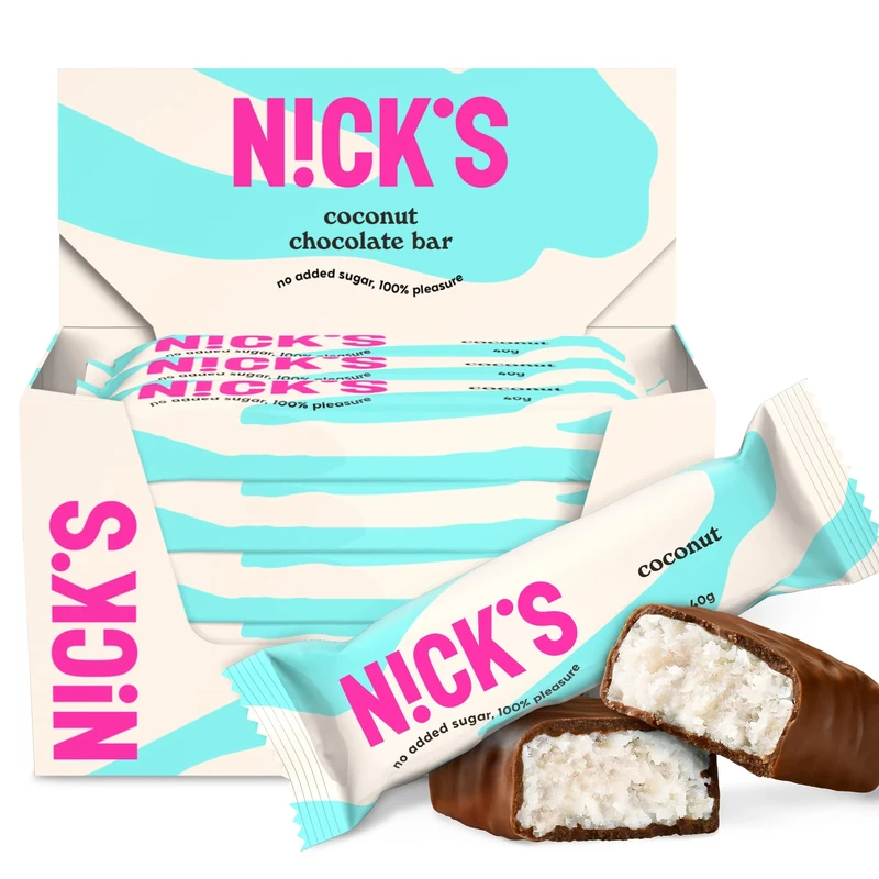 NICKS Coconut Keto Chocolate Bars No Added Sugar 175 Calories, 2 Net carbs, Gluten Free Sweets Low carb Candy Snack Bar (Multipack 15x40g)
