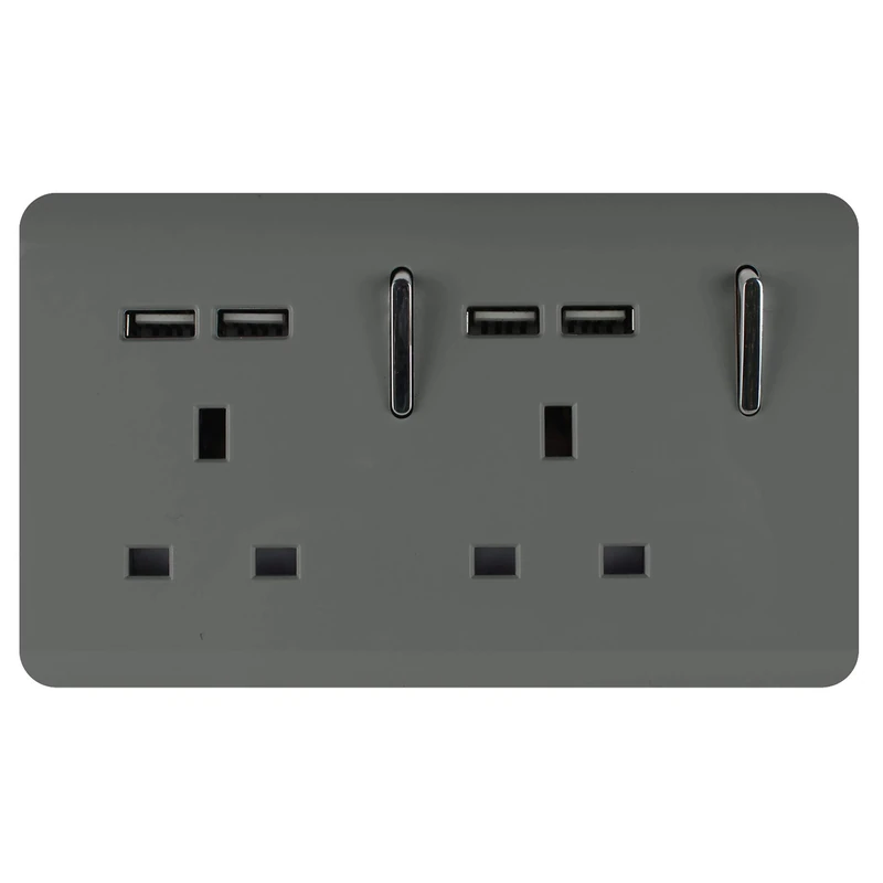 Trendi 2 Gang Artistic Modern Glossy 13 Amp 4x2.1mA USB Switched Plug Socket Charcoal
