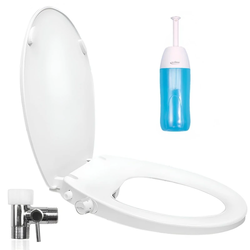 GenieBidet Elongated Bidet Seat Dual Nozzles Self Cleaning Bidet with Adjustable Water Pressure - No Wiring Easy Installation - White