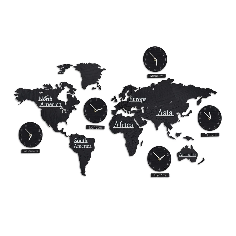 Relaxdays World Map with 5 Clocks, Wooden, Choose from 10 Different Cities, 3D Template Stencil, HxW: 61 x 113 cm, Black
