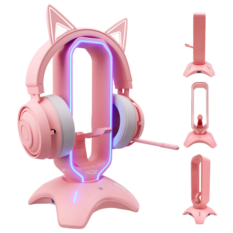 Tilted Nation Gaming Headphone Stand | Pink Headset Holder with RGB, Mouse Bungee and USB Hub | Cute Headphone Stand for Gamer Girl Accessories