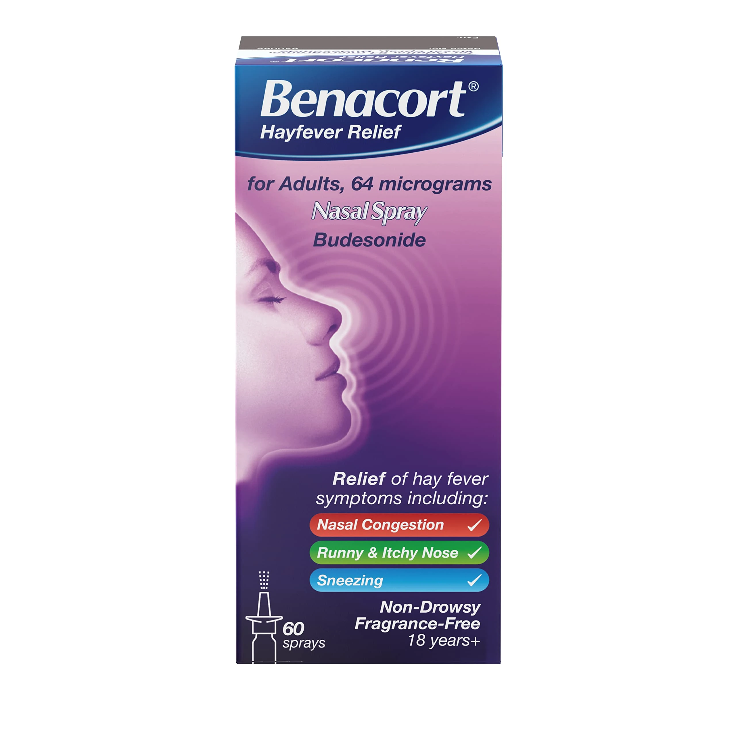 BENACORT Nasal Spray (1x 10ml), Budesonide Nasal Spray with 24-Hour Hay Fever Relief, Alcohol Free and Fragrance-Free