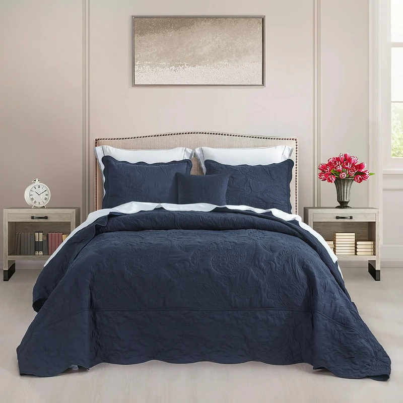 HZ & HY Oversized Queen Bedspread, Stitched Paisley, Polar Night