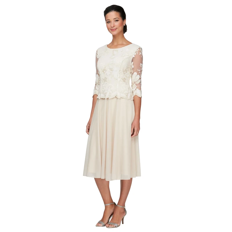 Alex Evenings Women's Tea Length Sequin Mock Dress (Petite and Regular), Taupe, 12P