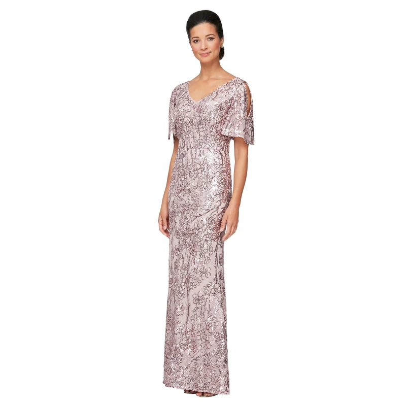 Alex Evenings Women's Long Sequin Dress with Flutter Sleeves Special Occasion, Blush, 24