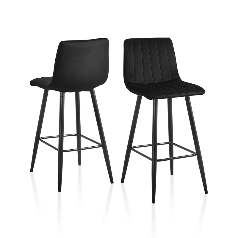 TUKAILAi Black Bar Stools Set of 2, Velvet Upholstered Seat Kitchen Counter Barstools with Metal Footrest and Sturdy Legs for High Breakfast Bar Pub and Home Island