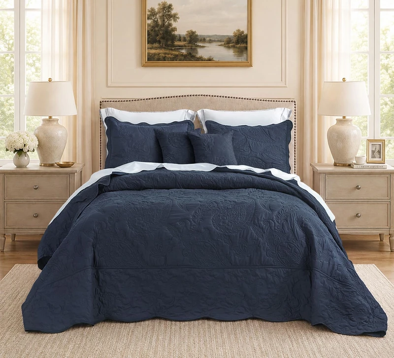 HZ & HY Oversized King Bedspread, Quilted Quilt Coverlet Bedding Set, Lightweight Thin Comforter, Reversible, Luxurious, 5 Piece, 100% Microfiber, King/Cal King, Navy Blue