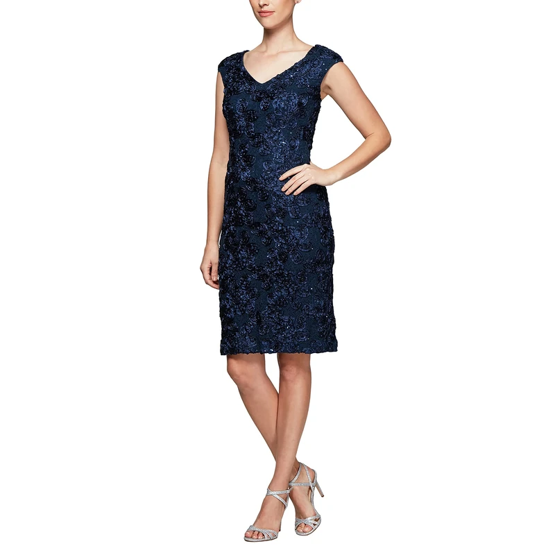 Alex Evenings Women's Short Embroidered Dress with Illusion Jacket Special Occasion, Navy, 18