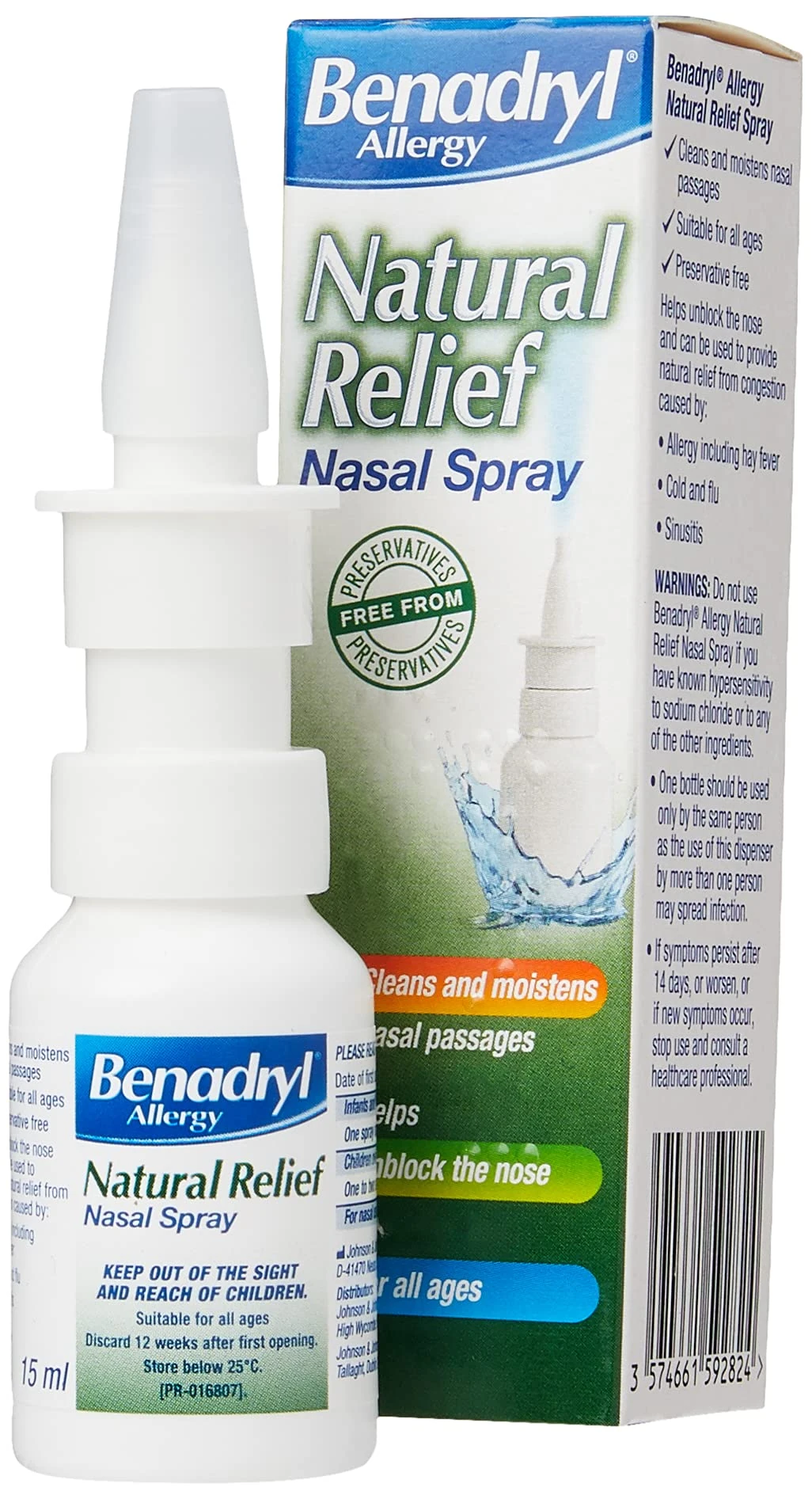 Benadryl Allergy Natural Relief Nasal Spray (1 x 15ml), Helps Clear Allergens from the Nose, Cleans and Moistens Nasal Passage, Natural Congestion Relief, Free from Preservatives