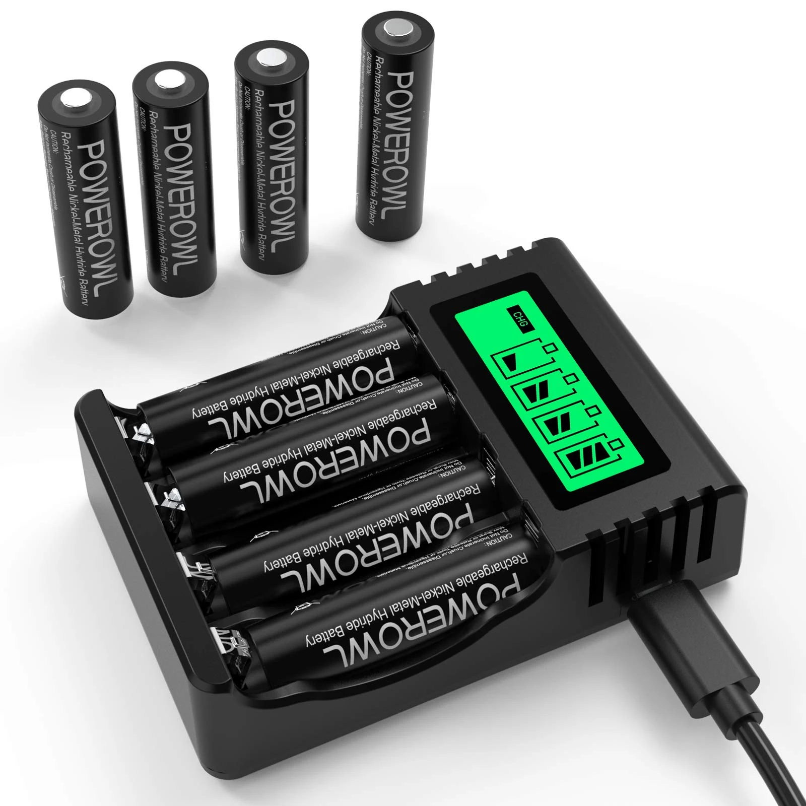 POWEROWL AA Rechargeable Batteries with Charger, 8 Pcs AA 2800mAh Ni-MH with Smart 4 Bay Battery Charger (USB Fast Charging, Independent Slot)