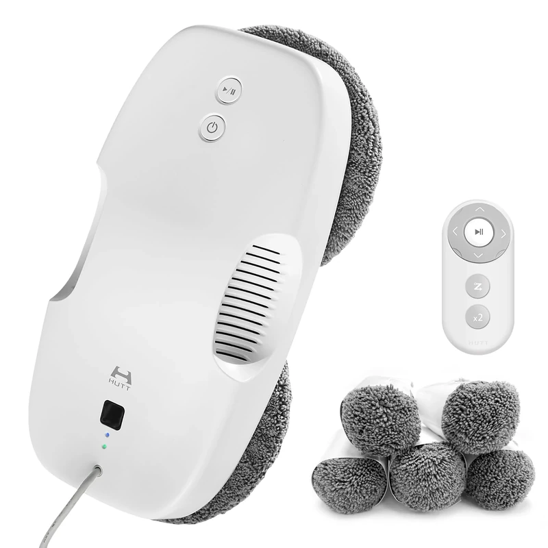 HUTT DDC55 Window Cleaner Robot with Remote Control, Electric Window Cleaning Robotic 3800Pa, Security System, Intelligent Edge Detection, Suitable for Windows, Tiles, Bathrooms(12 Cloths),White
