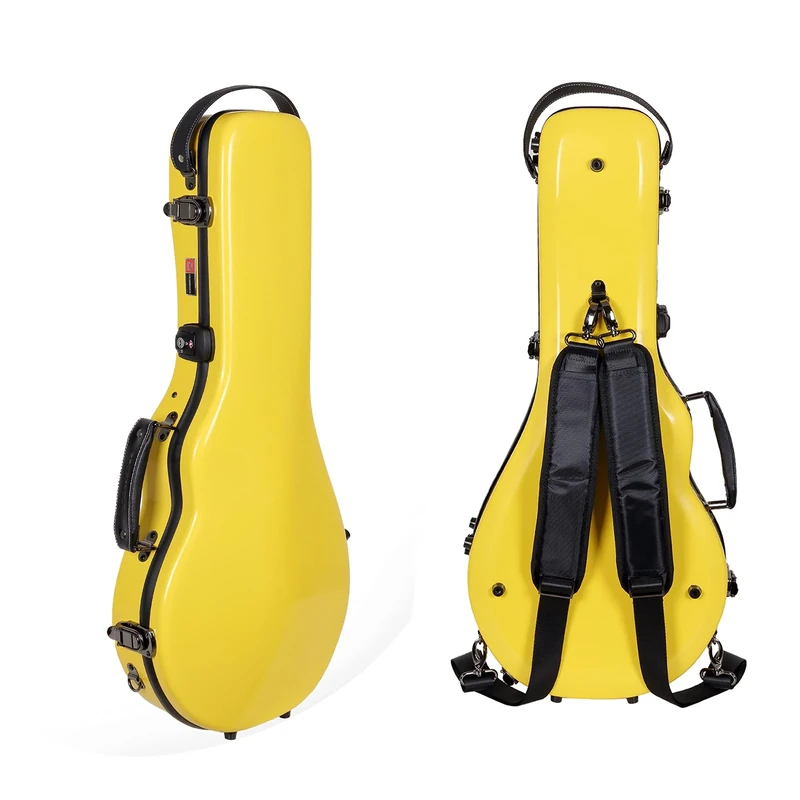 Crossrock Fiberglass Mandolin Case-Fits Both A & F Styles Straps, Accessory Compartment, Fixed & Removable Padding-Includes TSA Lock-Yellow