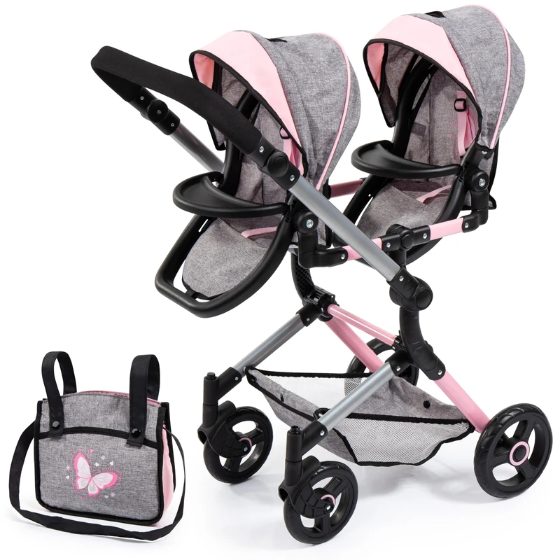 Bayer Design 26233AA Dolls Twin Pram, carriage, adjustable handle, foldable, bag, integrated shopping basket, Grey, Pink With Butterfly, Jean Look
