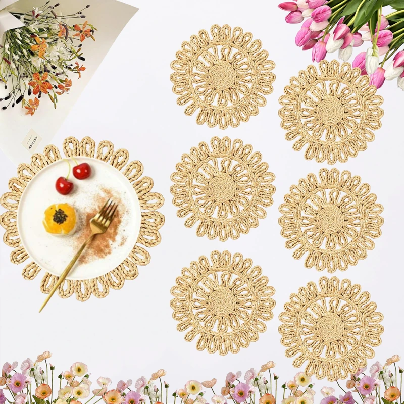 IcosaMro Round Woven Placemats for Dining Table 11.8 Inch Set of 6 Natural Braided Rattan Tablemat Hollow Wicker Charger Plates for Holiday Christmas Kitchen Table Mat, Beige