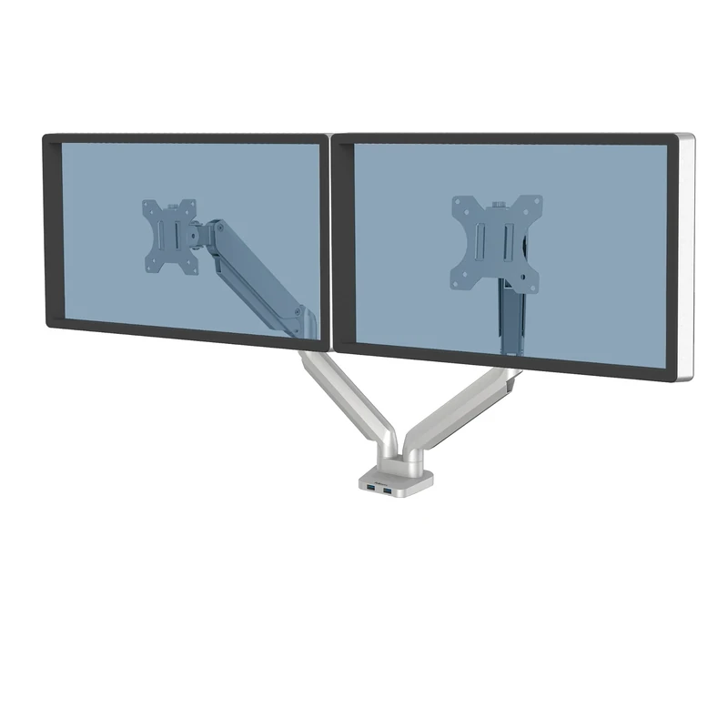 Fellowes Dual Monitor Arm - Platinum Series Mount for Two 8KG 32 inch Screens - Ergonomic Adjustable Arm Desk Mount - Tilt 45° Swivel 360° Rotation 360° VESA 75 x 75/100 x 100 - Silver