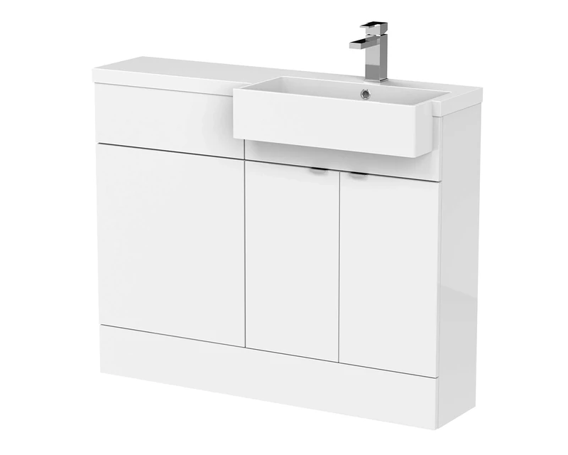 Hudson Reed CBI151 Fusion Modern Bathroom Full Depth Combination Unit with Right Hand Semi Recessed Square Polymarble Basin and 2 Soft Close Doors (Excludes Cistern), 1100mm, Gloss White